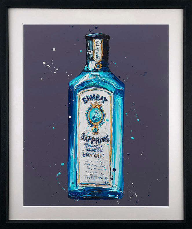 Limited edition Bombay Sapphire print by Paul Oz, featuring a vivid blue bottle with expressive splashes on a dark ground.