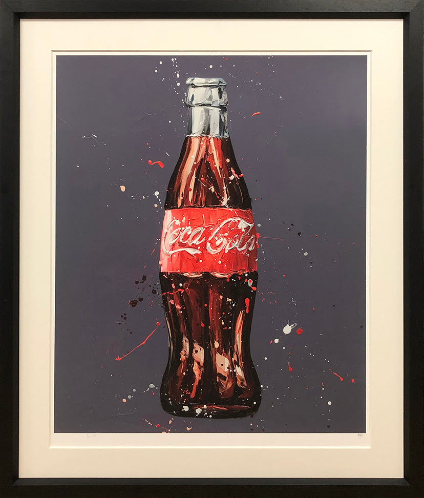 Paul Oz paper print featuring a red Coca-Cola bottle with dark painterly splashes, framed in black with a cream mount.