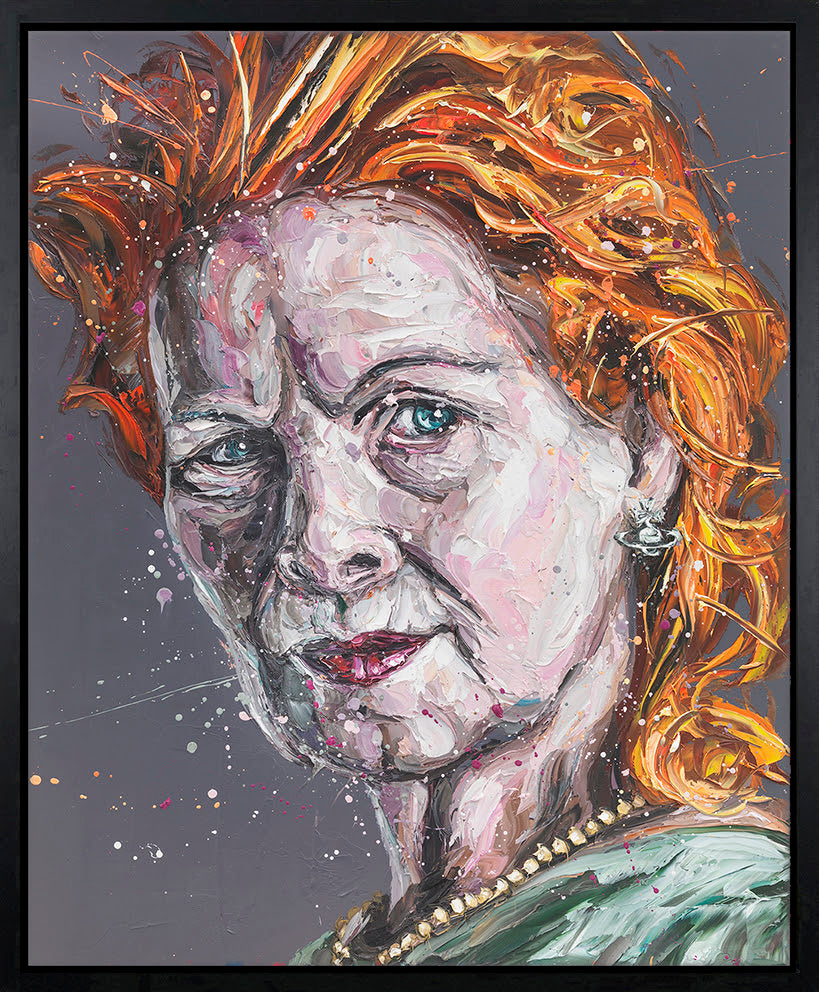 Hand embellished canvas portrait of Vivienne Westwood by Paul Oz, with vivid orange hair, pearl necklace and expressive brushstrokes.
