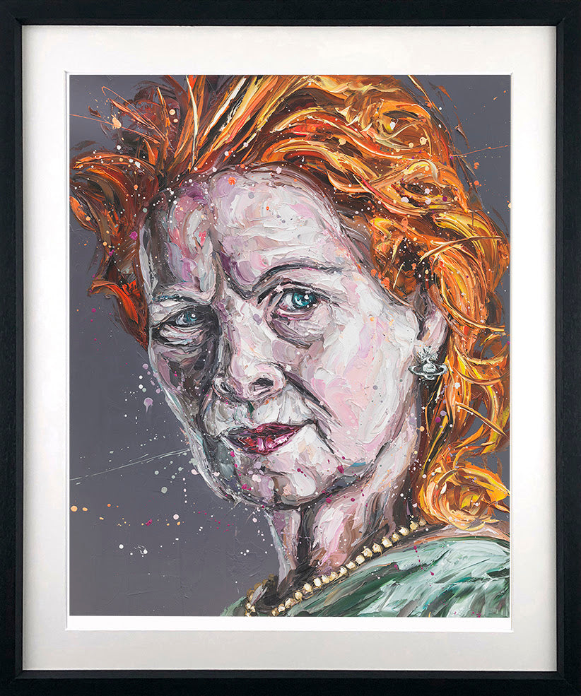 Vivienne Westwood portrait print by Paul Oz, colorful expressive brushwork on paper with fiery orange hair and gray backdrop.