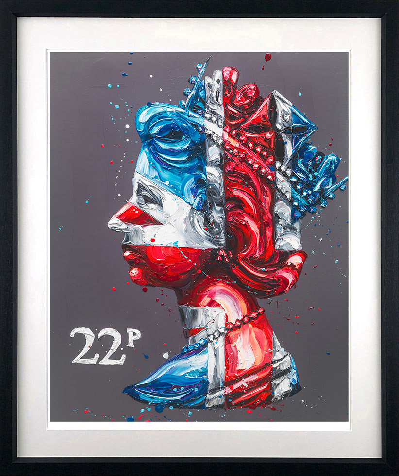 Commemorative paper print by Paul Oz, featuring Queen Elizabeth in vivid red, white and blue paint with a “22” mark.