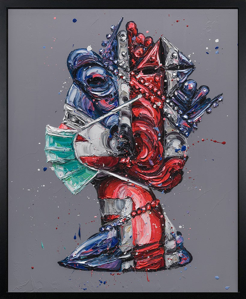 Hand embellished canvas by Paul Oz, featuring a vivid red, blue and white abstract figure with bold, textured paintwork.