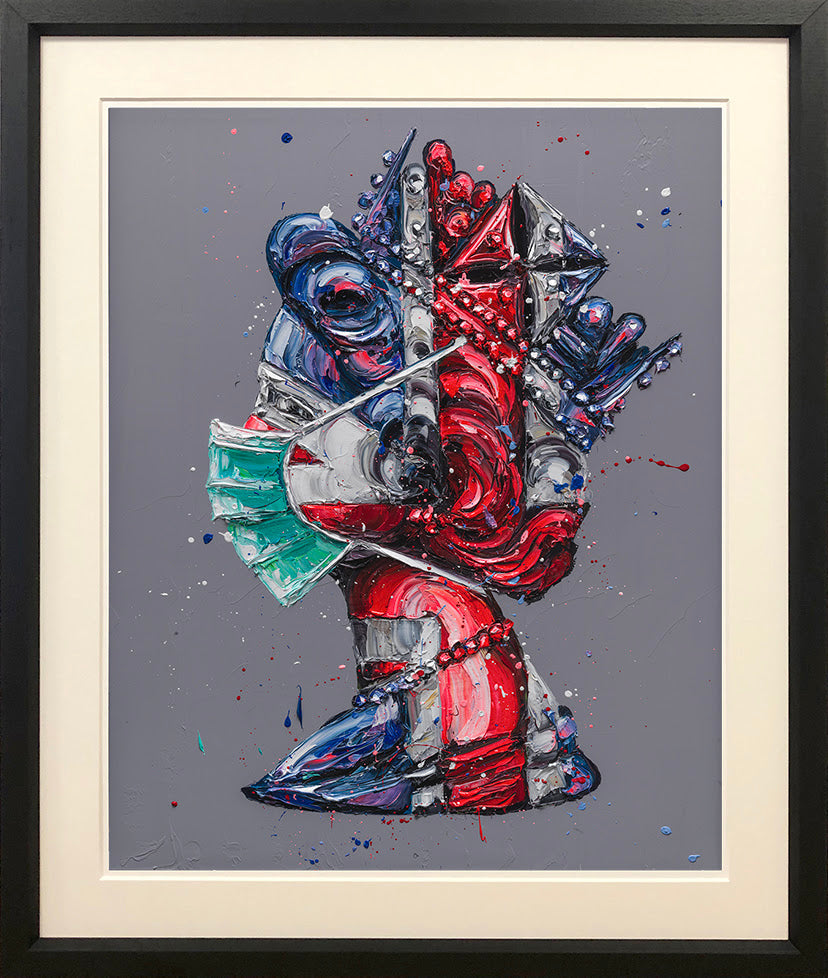 Limited edition paper print by Paul Oz, showing an abstract figure in vivid red, blue and green on grey.