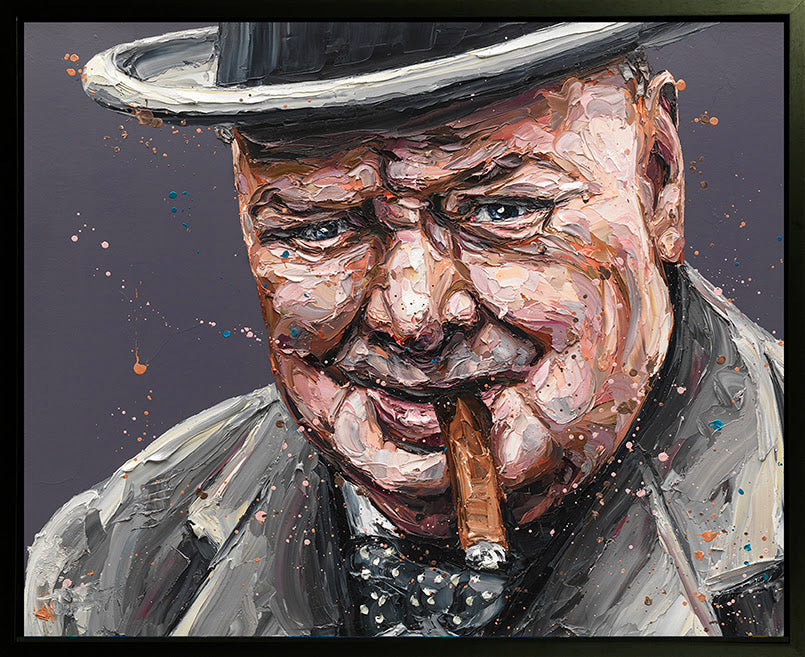 Hand embellished canvas by Paul Oz, expressive portrait of a man in a black hat smoking a cigar, textured brushwork and muted tones.