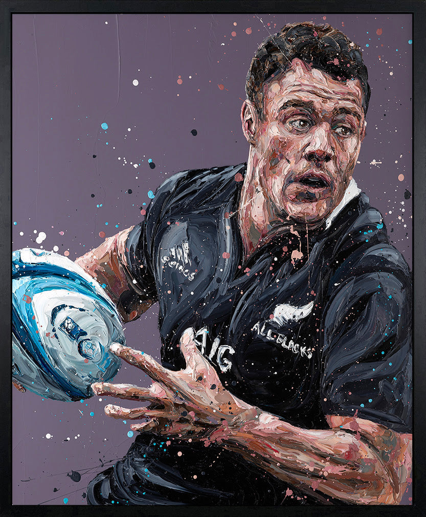 Rugby portrait print by Paul Oz, hand-embellished canvas with expressive paint splashes and vivid blue and black tones.