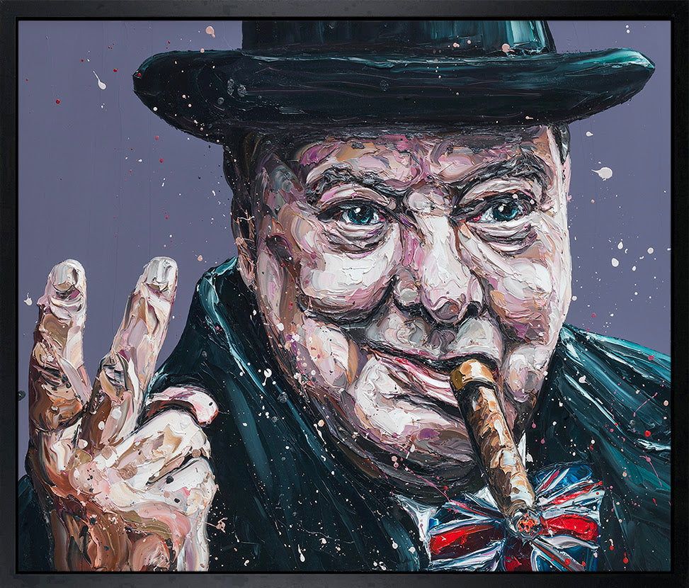 Hand-embellished canvas by Paul Oz depicting Winston Churchill in a dark hat, smoking a cigar and wearing a Union Jack bow tie.