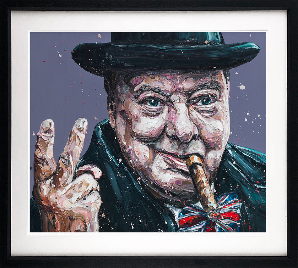 Sir Winston Churchill art print by Paul Oz, colorful expressionist portrait with black hat, cigar and raised fingers