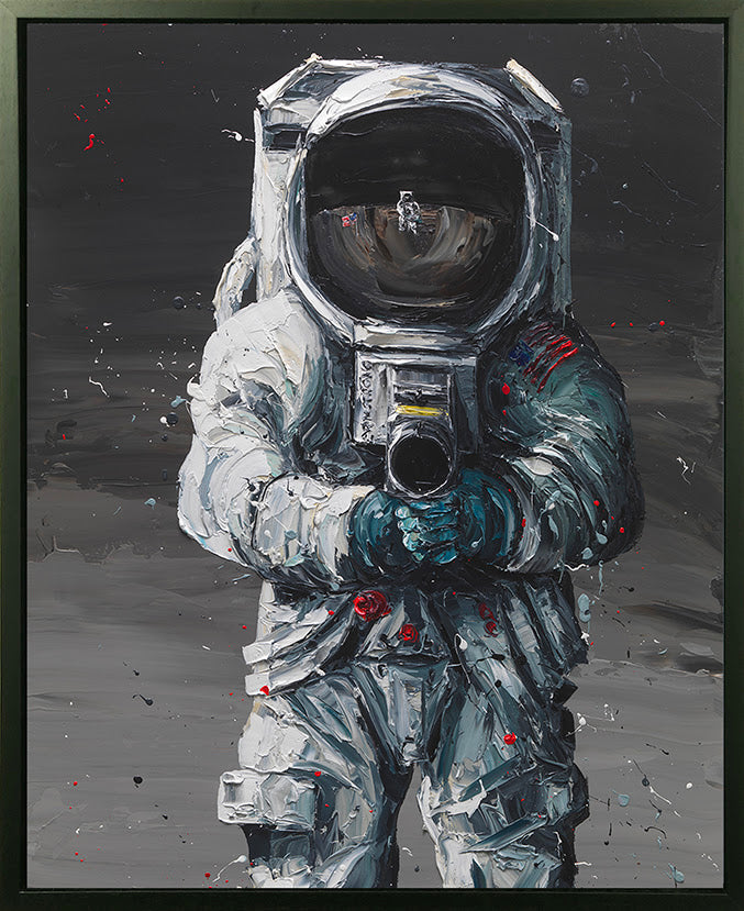Astronaut canvas print by Paul Oz, with a white and blue-grey spacesuit, dark visor and expressive textured brushwork.