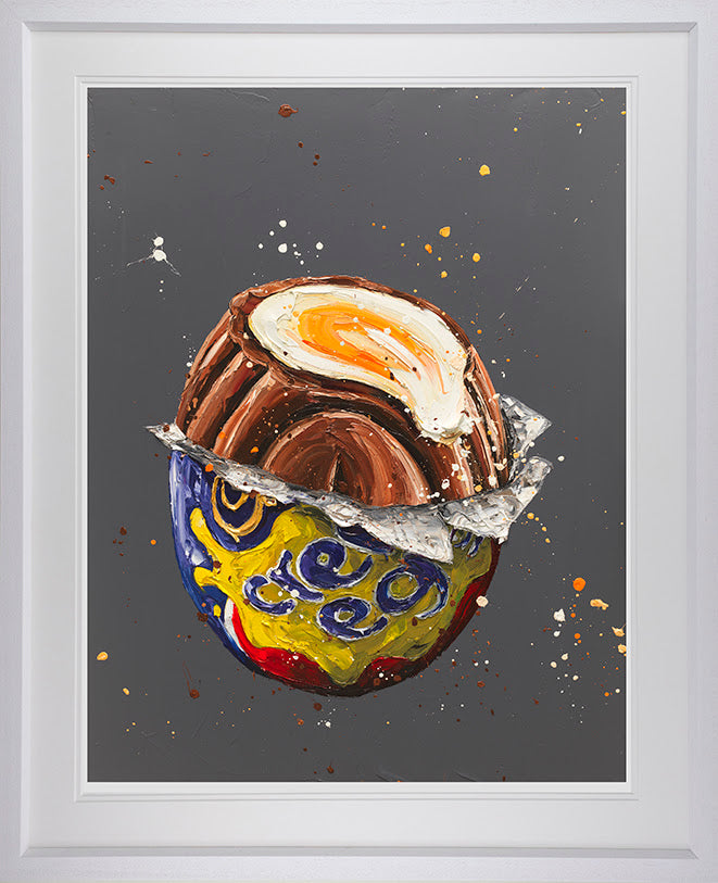 Limited edition Paul Oz print of Cadbury's Creme Egg half unwrapped in colorful foil
