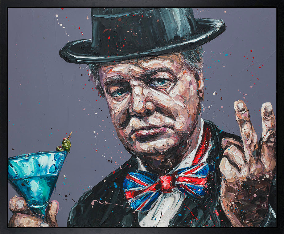 Hand-embellished canvas by Paul Oz, featuring a textured portrait of a man in a black top hat holding a blue cocktail.