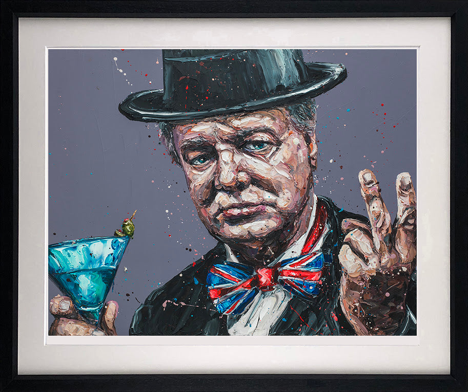 Paper print by Paul Oz featuring a textured portrait of a man in a black top hat, bow tie and suit holding a blue cocktail glass.