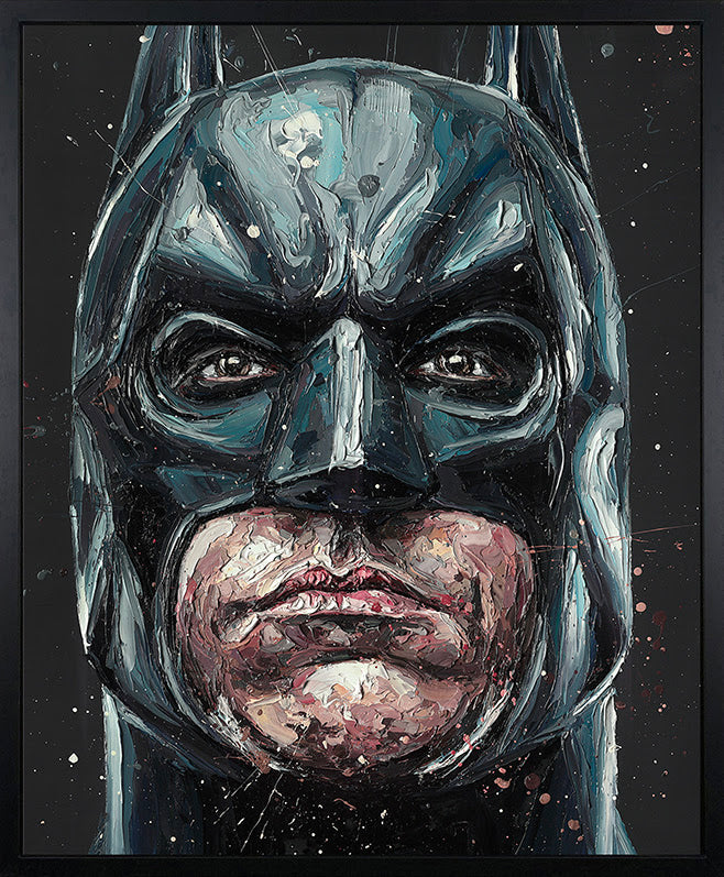 Hand-embellished canvas by Paul Oz, featuring a close-up Batman portrait in textured black, blue and white brushstrokes.