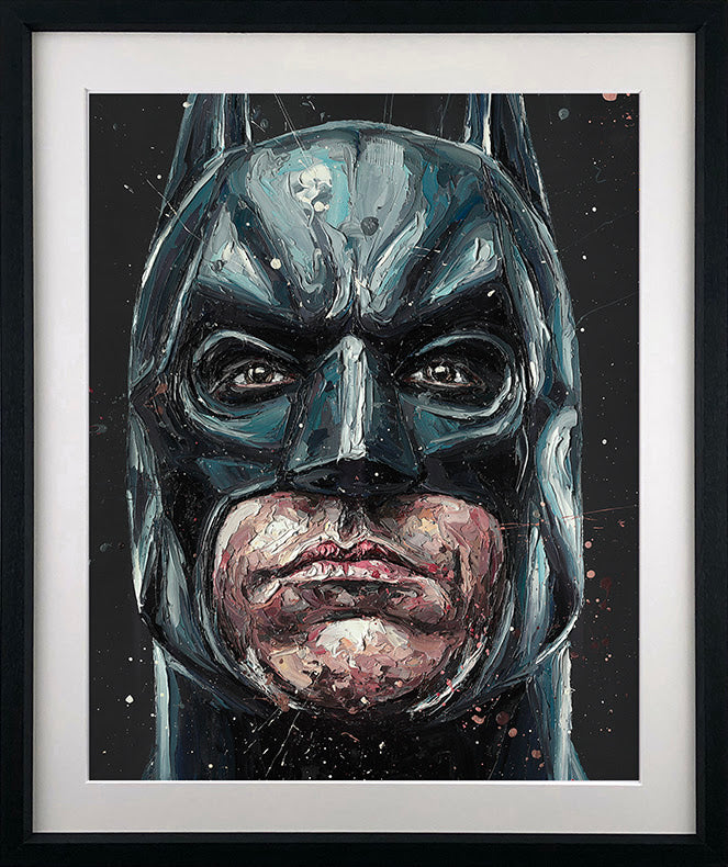 Batman paper print by Paul Oz, depicting a close-up portrait in textured blue, black and flesh-toned brushstrokes.