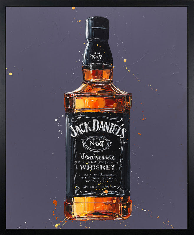 Hand embellished canvas by Paul Oz featuring a Jack Daniel’s whiskey bottle in black, amber and white on a muted purple ground.