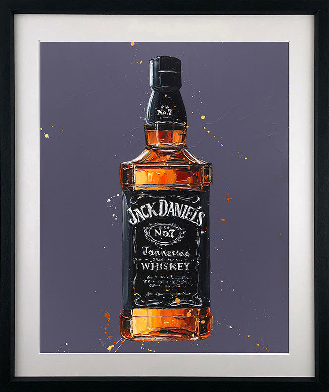 Limited edition print by Paul Oz on paper, featuring a black Jack Daniel’s whiskey bottle with vivid orange accents.