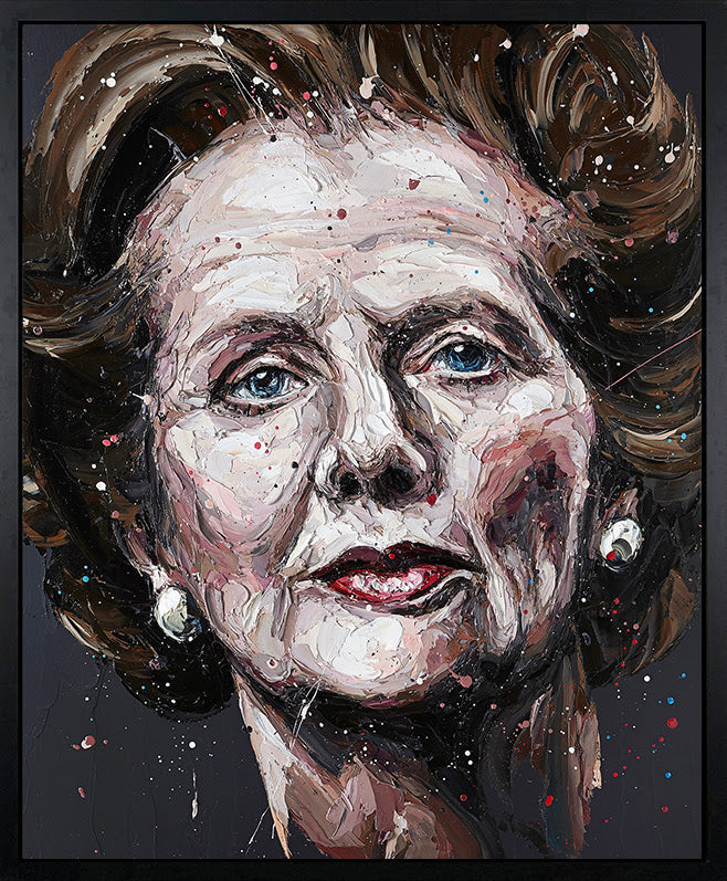 Hand embellished canvas print by Paul Oz depicting Margaret Thatcher, with expressive brushstrokes and dark, sweeping hair.