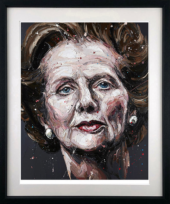 Limited edition paper print by Paul Oz, expressive portrait of a woman with dark hair, pearl earrings and a splattered pattern.