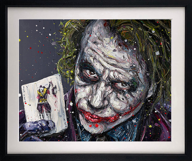 Joker art print by Paul Oz, showing a textured portrait with pale makeup, red grin, dark hair and playing card.
