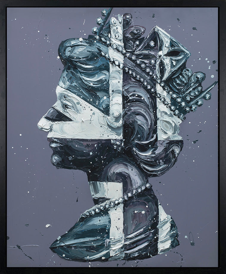 Hand-embellished canvas by Paul Oz, monochrome portrait of a queen with an ornate crown and textured brushwork.