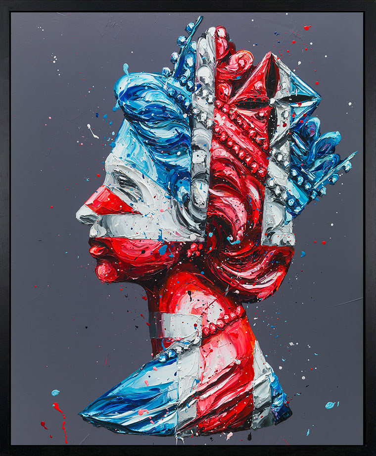 Hand embellished canvas by Paul Oz showing a vivid red, white and blue abstract hand gripping a paint-splattered object against grey.