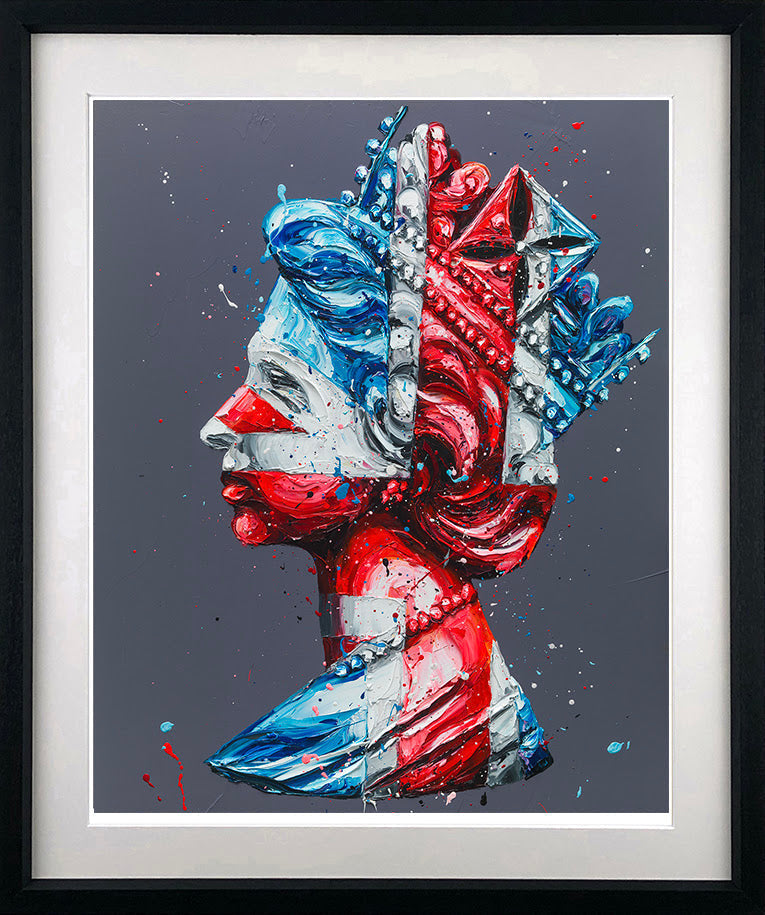 Limited-edition paper print by Paul Oz, featuring a vivid red, blue and white abstract face with textured paint splashes.