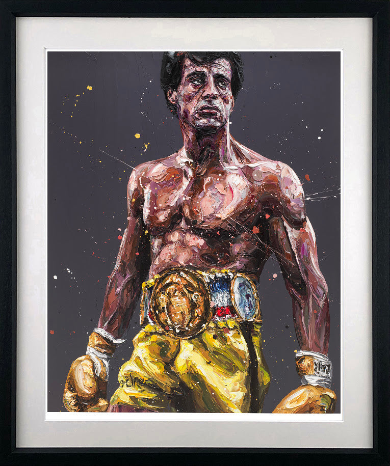 Giclée print by Paul Oz depicting a shirtless boxer with a gold championship belt and yellow shorts, framed in black.