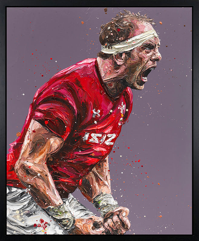 Hand-embellished canvas print by Paul Oz, depicting a shouting rugby player in a red jersey against a grey-purple backdrop.