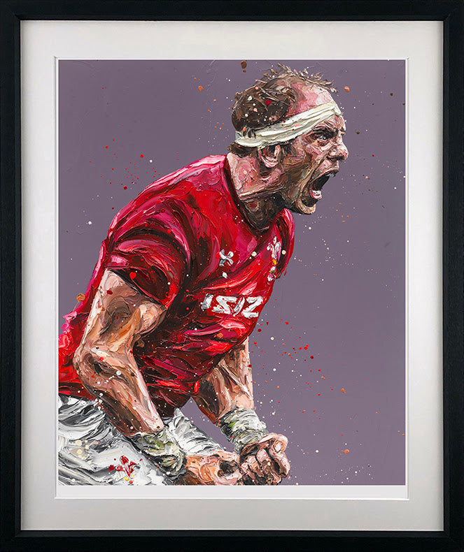 Paul Oz giclée print on paper, depicting a shouting rugby player in a red jersey against a purple background, framed in black.