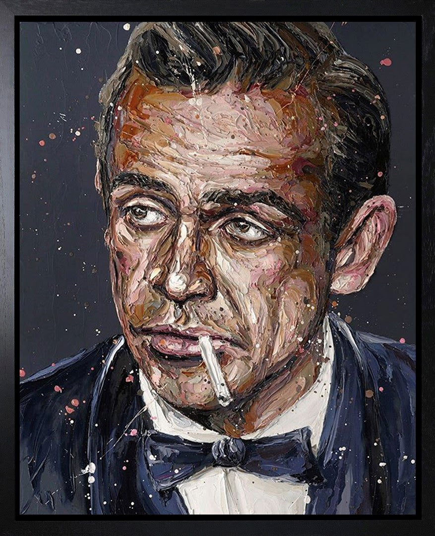Sean Connery hand embellished canvas by Paul Oz, textured portrait with a cigarette, tuxedo and dark splattered background.