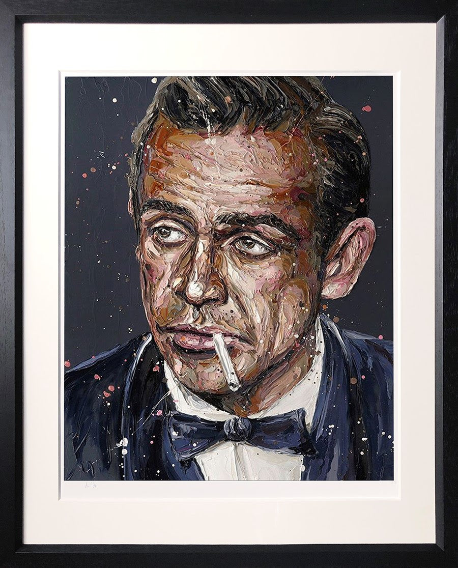 Paul Oz paper print of Sean Connery in a dark suit and bow tie, with expressive paint splashes and a cigarette.