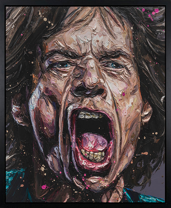 Hand-embellished canvas by Paul Oz, featuring a vivid, textured portrait of a long-haired man shouting in multicoloured paint.