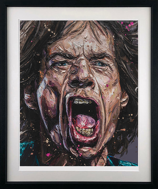 Framed Paul Oz paper print, expressive portrait in textured brown, pink, black and turquoise with vivid splashes of colour.