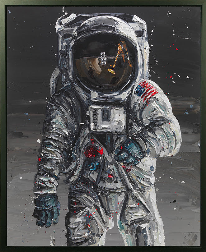 Hand embellished canvas by Paul Oz, featuring a textured astronaut in a white spacesuit with an American flag patch against a dark moonlike backdrop.