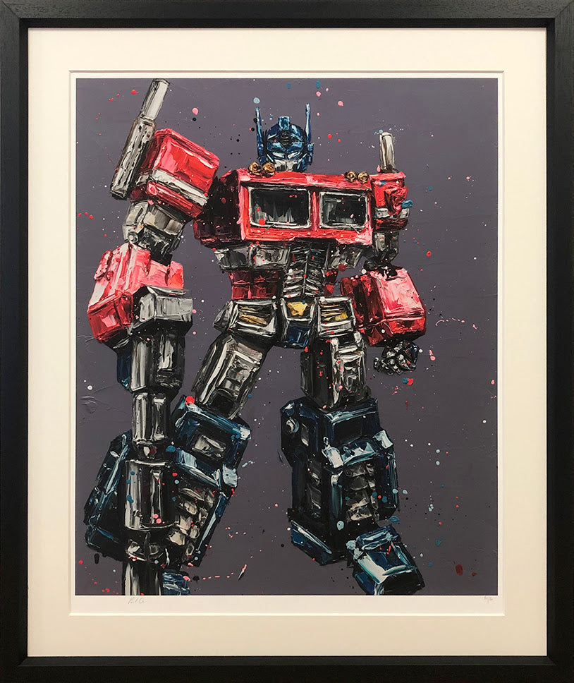 Giclée print by Paul Oz showing a red, black and blue robot with bold splattered paint detailing.