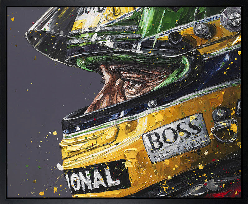 Close-up hand-embellished canvas print of a racing helmeted figure by Paul Oz, limited edition signed artwork