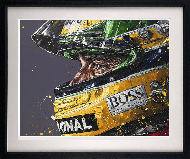 Limited edition Paul Oz giclee print of a race car driver wearing a helmet, hand signed and framed.