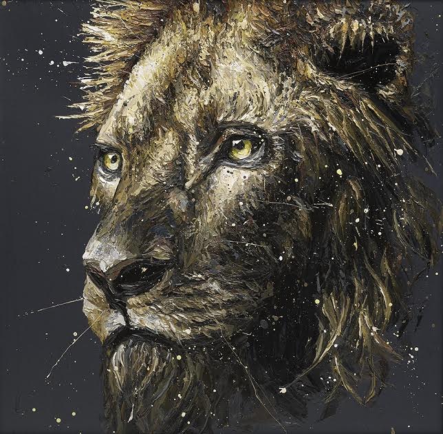 Hand embellished canvas art of a lion's face by Paul Oz, limited edition print, signed and framed 44x36 inches
