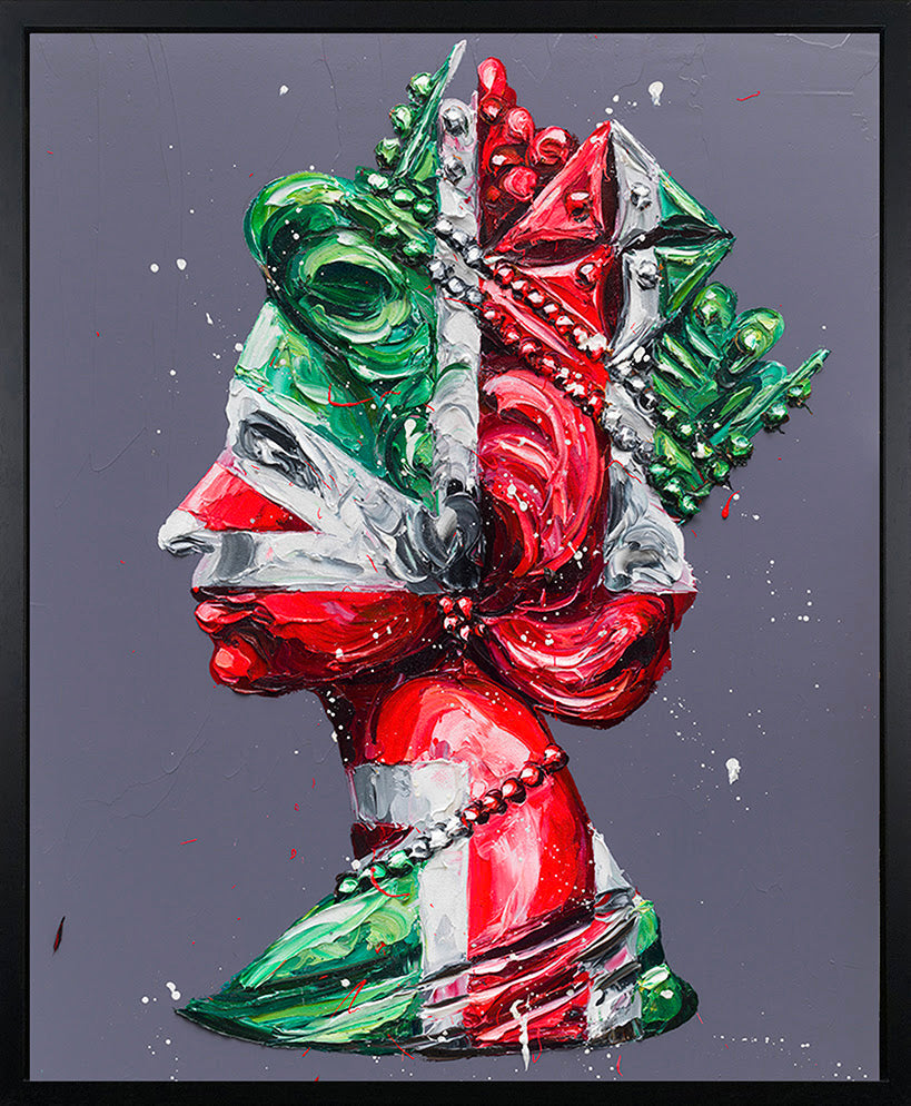 Christmas Queen hand-embellished canvas by Paul Oz, featuring a vivid red, green and white abstract portrait with textured paint.