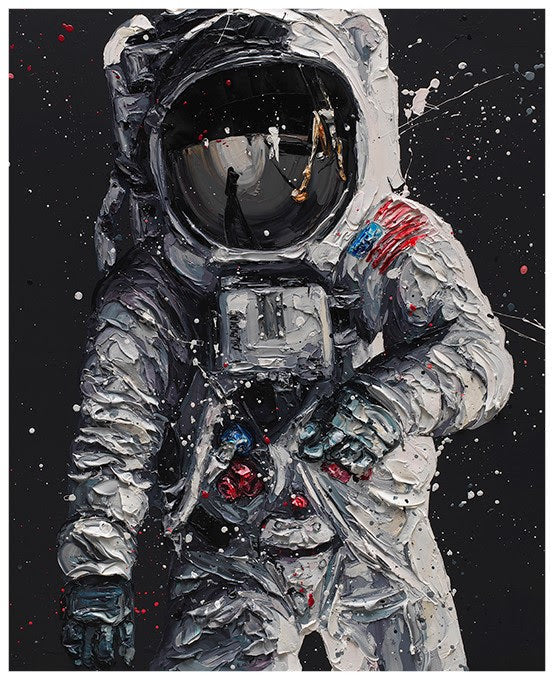 Astronaut canvas artwork by Paul Oz, with textured white spacesuit, reflective black visor, red accents and splattered details.