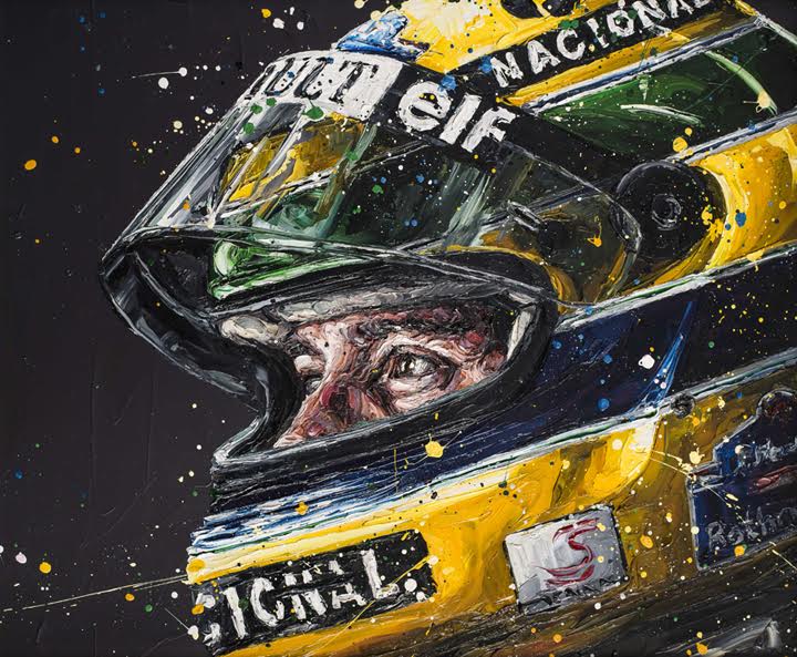 Close-up of hand-embellished racing helmet and face painting by Paul Oz