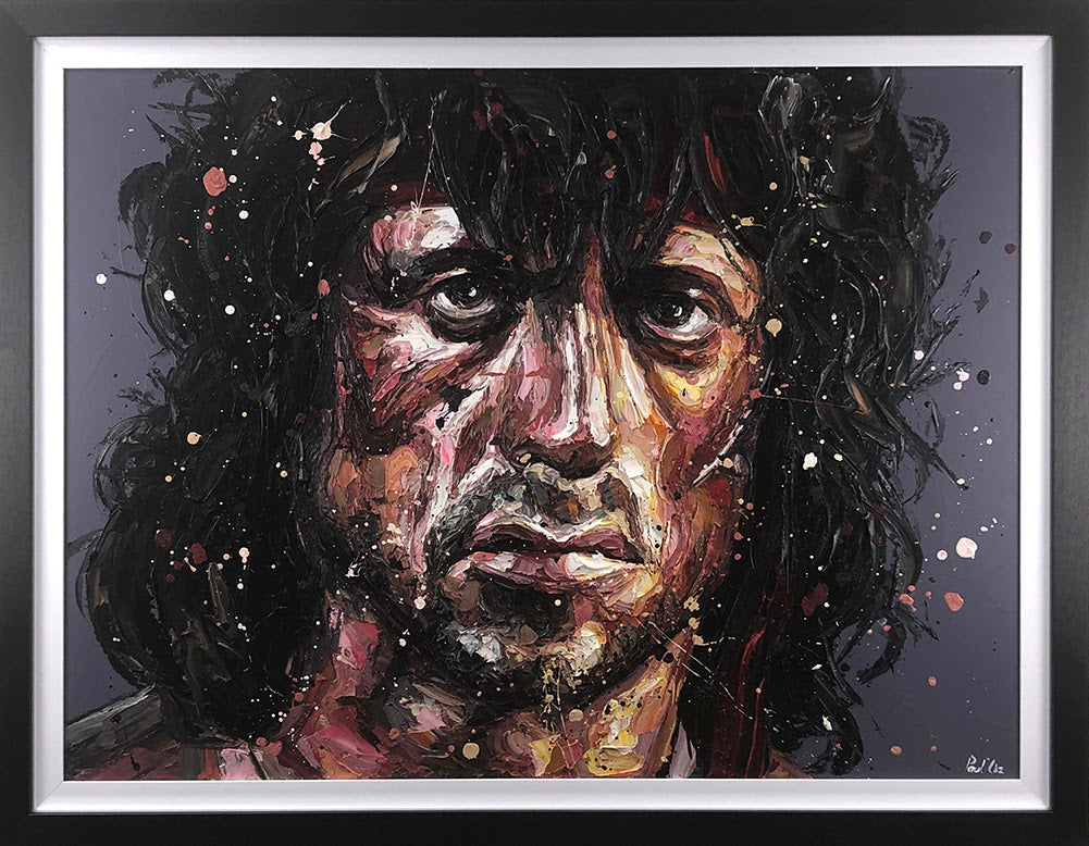 Hand-embellished canvas print by Paul Oz, a bold portrait in expressive black, red and white brushstrokes with a silver frame.