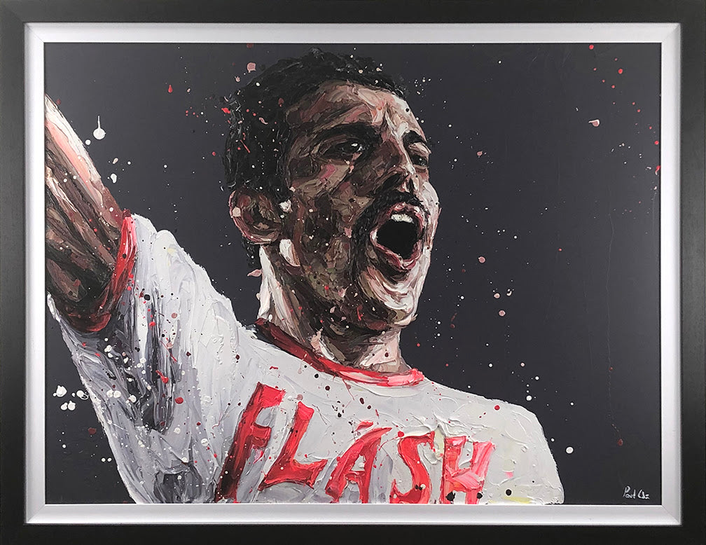 Hand-embellished canvas by Paul Oz, featuring a textured portrait of a cheering footballer in a white and red shirt.