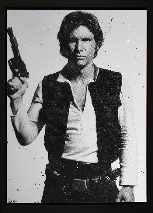 Canvas print by Paul Oz in black and white, depicting a man in a vest holding a blaster, with splattered detailing.