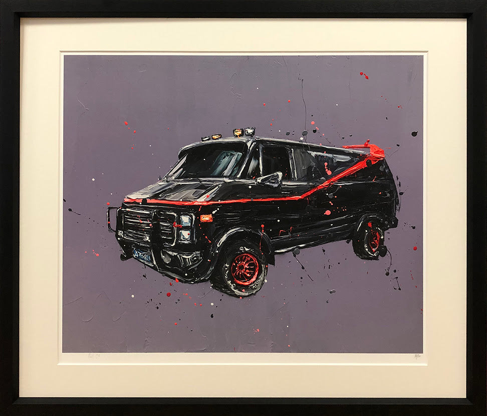 Paper print by Paul Oz featuring a black van with red accents and expressive splatter marks on a muted purple field.