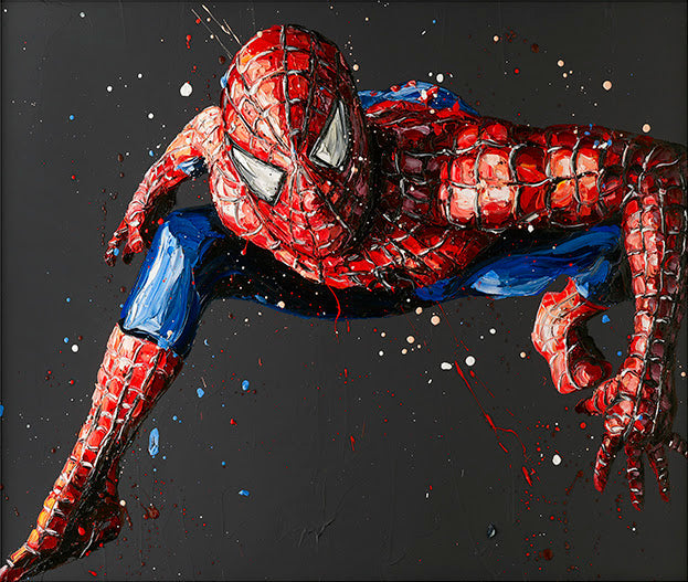 Hand embellished Spiderman canvas limited edition print by Paul Oz with red and blue colors on black background