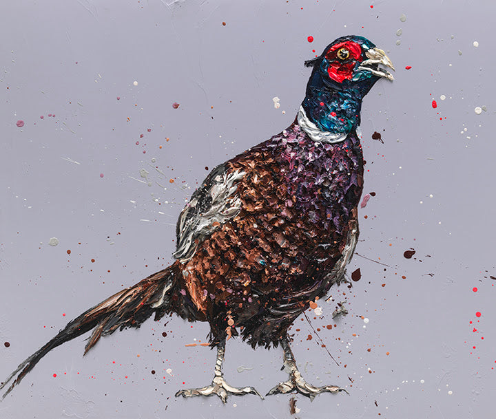 Pheasant print by Paul Oz, richly textured brown plumage, vivid blue neck and red face against grey with paint splashes.