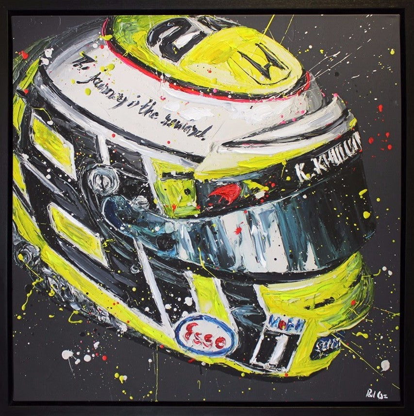 Hand embellished limited edition canvas print of Jenson's racing helmet by Paul Oz, framed 36x36 inches, signed and certified.