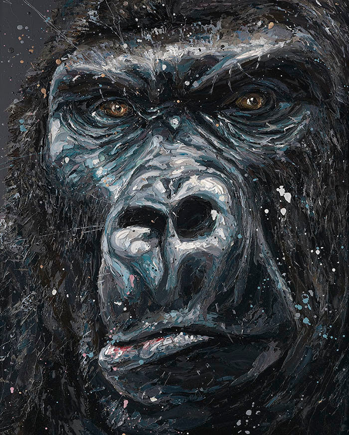 Jock Hand Embellished Canvas Limited Edition Print by Paul Oz, framed gorilla portrait with hand embellishments and artist's signature
