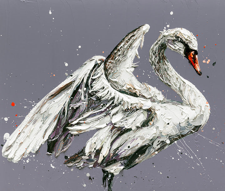 Paper print by Paul Oz featuring a white swan with a bright orange beak, expressive layered brushstrokes and splashes.