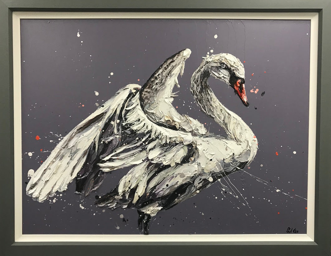 Hand embellished canvas by Paul Oz depicting a textured white swan with an orange beak against a dark, splattered background.